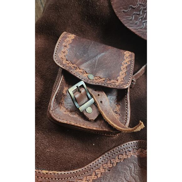 1990's Vintage Mexican Tooled Leather Suede Backpack Folk Artisan Embossed Bag - Picture 5 of 12